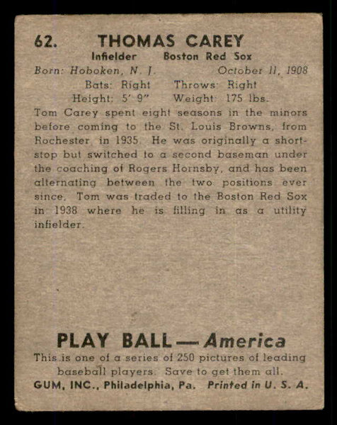 1939 Play Ball #062 Tom Carey Red Sox Good trimmed 558231