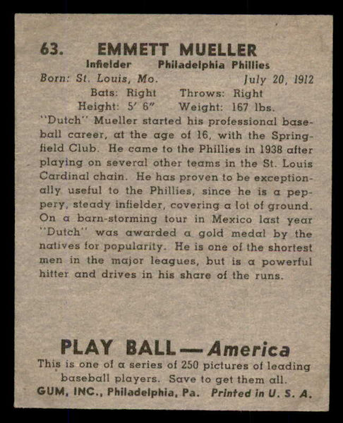 1939 Play Ball #063 Dutch Mueller Phillies NR-MT 558232