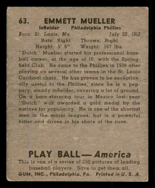 1939 Play Ball #063 Dutch Mueller Phillies Good 558234