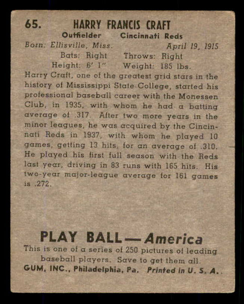 1939 Play Ball #065 Harry Craft Reds VG-EX 558239