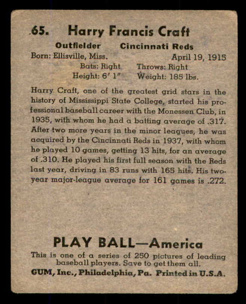 1939 Play Ball #065 Harry Craft Reds VG 558240