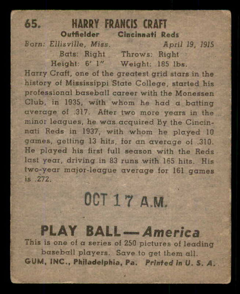 1939 Play Ball #065 Harry Craft Reds GD-VG ink back 558241