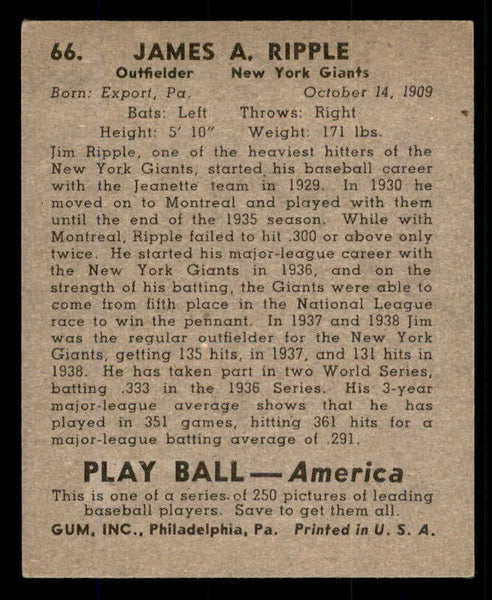 1939 Play Ball #066 Jimmy Ripple Giants EX-MT 558242