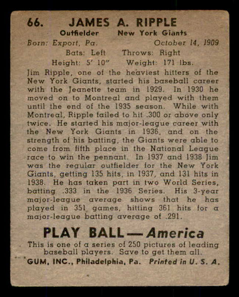 1939 Play Ball #066 Jimmy Ripple Giants VG-EX 558244