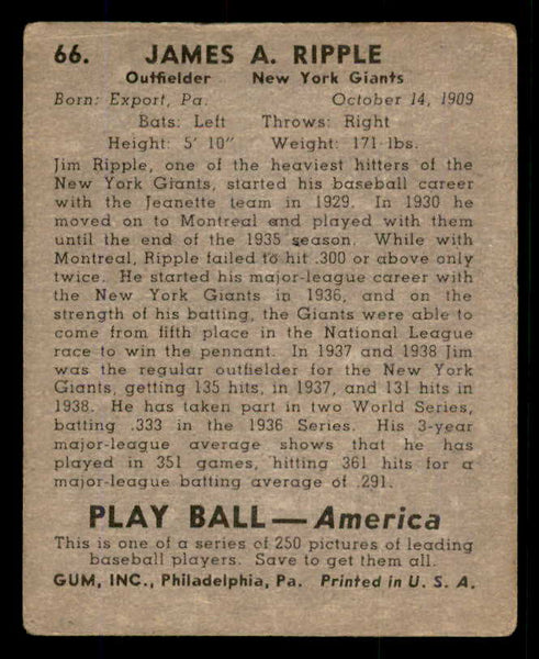 1939 Play Ball #066 Jimmy Ripple Giants VG/VG-EX 558245