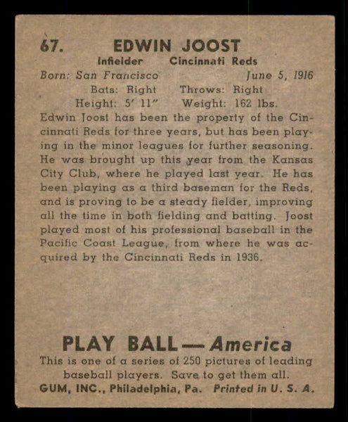 1939 Play Ball #067 Eddie Joost Reds VG-EX 558247