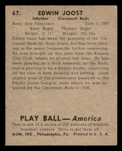 1939 Play Ball #067 Eddie Joost Reds VG-EX 558248