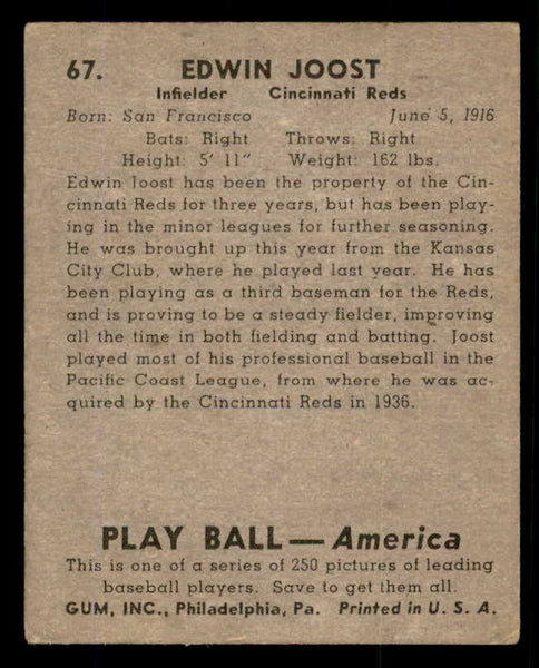 1939 Play Ball #067 Eddie Joost Reds VG 558249