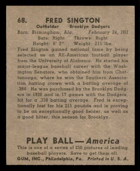 1939 Play Ball #068 Fred Sington Dodgers EX 558250
