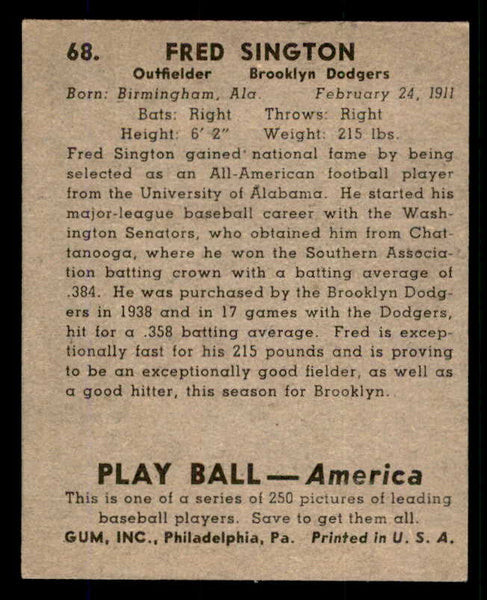 1939 Play Ball #068 Fred Sington Dodgers EX 558251