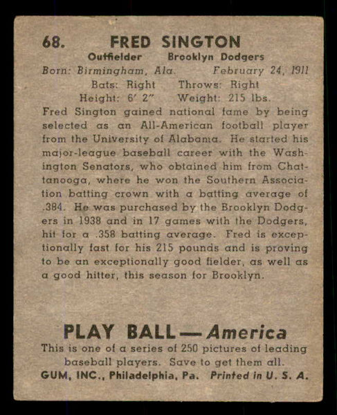1939 Play Ball #068 Fred Sington Dodgers VG 558252