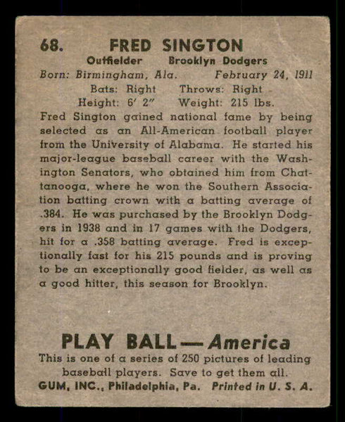 1939 Play Ball #068 Fred Sington Dodgers GD-VG 558253
