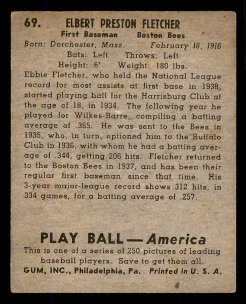 1939 Play Ball #069 Elbie Fletcher Braves VG 558255