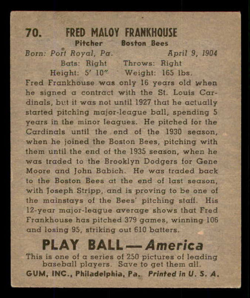1939 Play Ball #070 Fred Frankhouse Braves EX-MT 558256