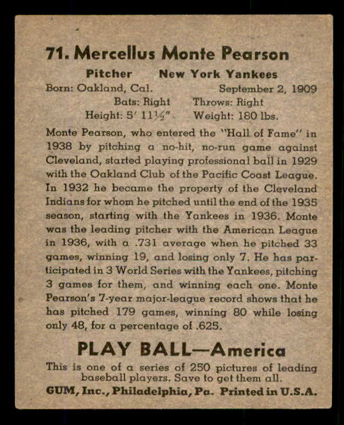 1939 Play Ball #071 Monte Pearson Yankees EX-MT 558257