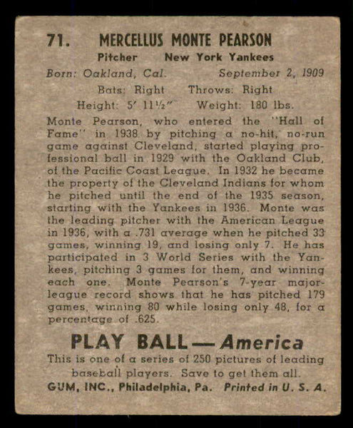 1939 Play Ball #071 Monte Pearson Yankees VG-EX 558258