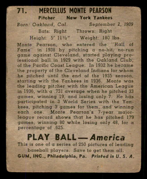 1939 Play Ball #071 Monte Pearson Yankees GD-VG 558259