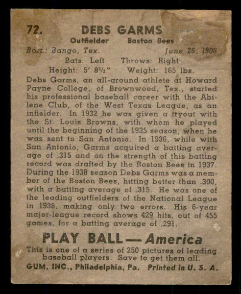 1939 Play Ball #072 Debs Garms Braves Good 558261