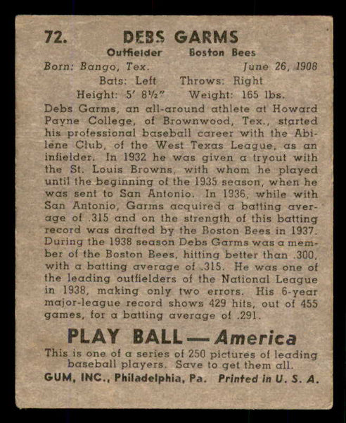1939 Play Ball #072 Debs Garms Braves FR-GD front damage 558262