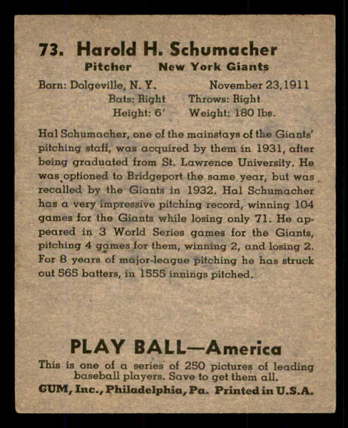 1939 Play Ball #073 Hal Schumacher Giants EX 558263
