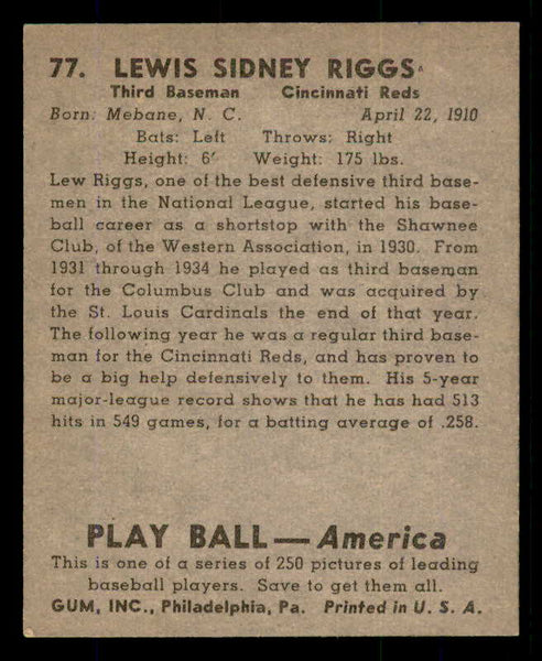 1939 Play Ball #077 Lew Riggs Reds EX-MT 558268