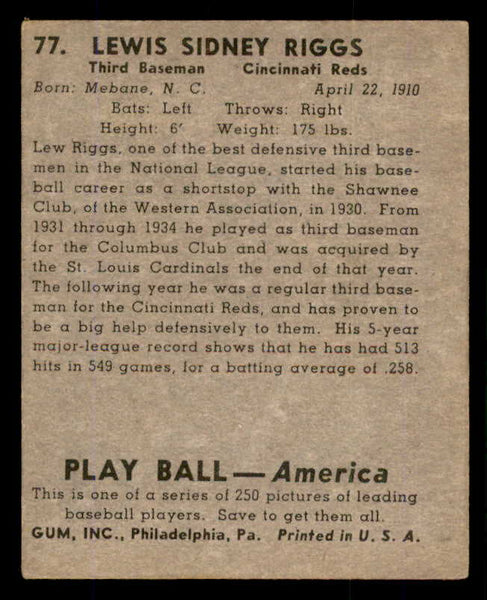 1939 Play Ball #077 Lew Riggs Reds VG-EX 558269