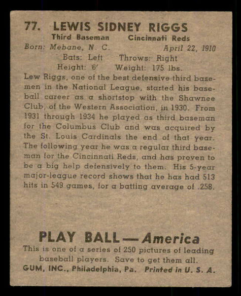 1939 Play Ball #077 Lew Riggs Reds VG-EX 558270