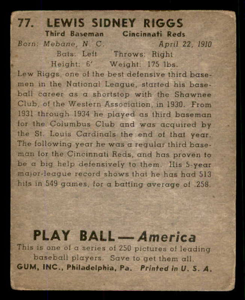 1939 Play Ball #077 Lew Riggs Reds GD-VG 558271