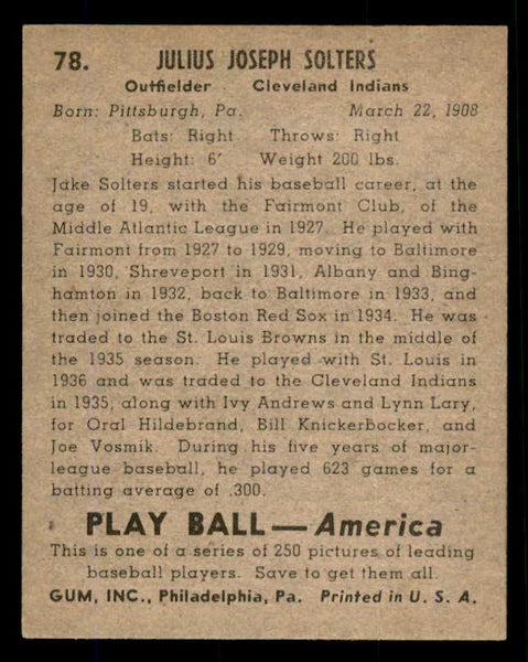 1939 Play Ball #078 Moose Solters Indians EX-MT 558272