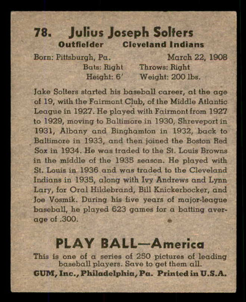 1939 Play Ball #078 Moose Solters Indians EX 558273