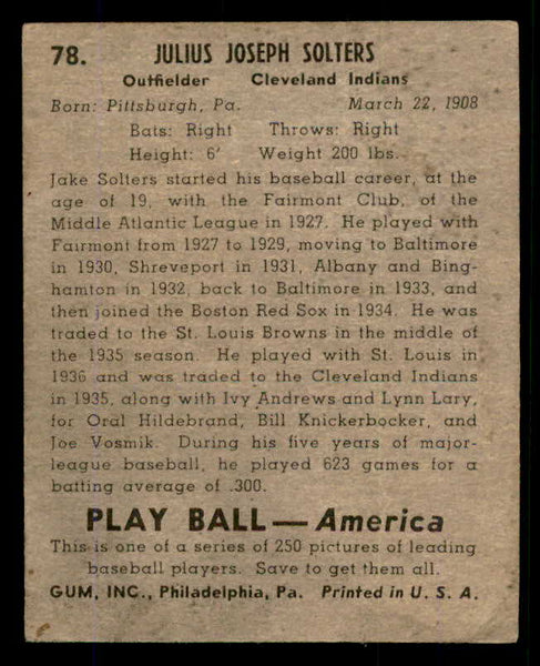 1939 Play Ball #078 Moose Solters Indians Good 558274