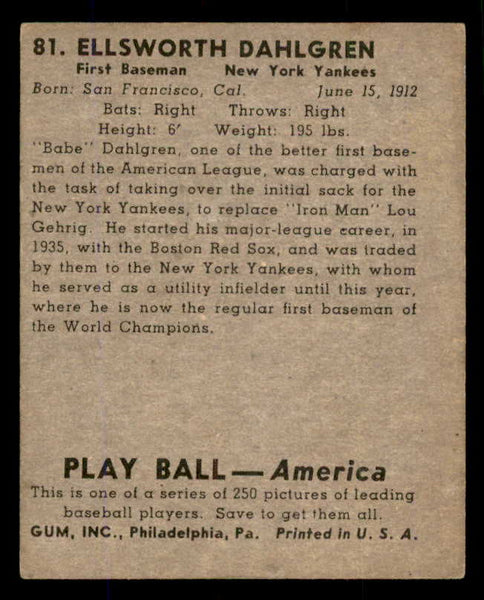 1939 Play Ball #081 Babe Dahlgren Yankees VG-EX 558278