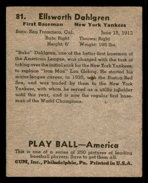 1939 Play Ball #081 Babe Dahlgren Yankees VG-EX 558279