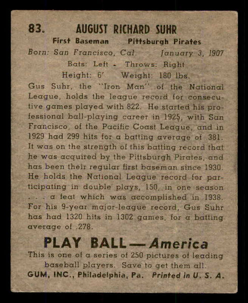 1939 Play Ball #083 Gus Suhr Pirates EX 558280