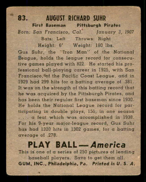 1939 Play Ball #083 Gus Suhr Pirates VG 558282