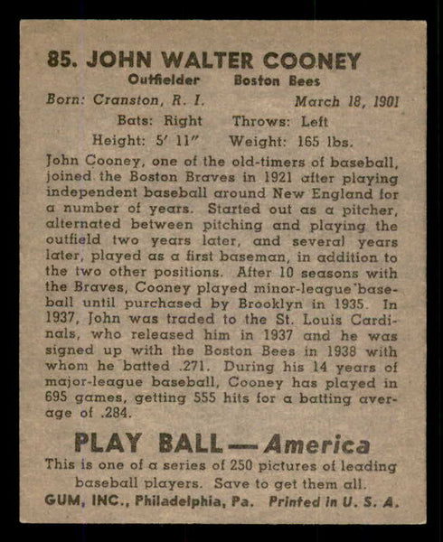 1939 Play Ball #085 Johnny Cooney Braves EX 558287