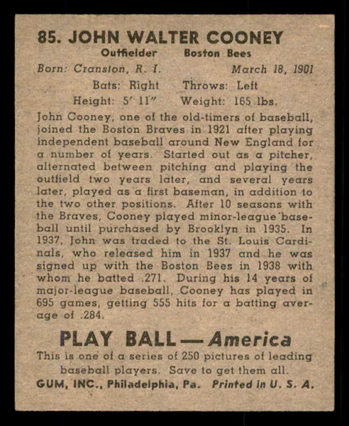 1939 Play Ball #085 Johnny Cooney Braves VG-EX/EX 558288