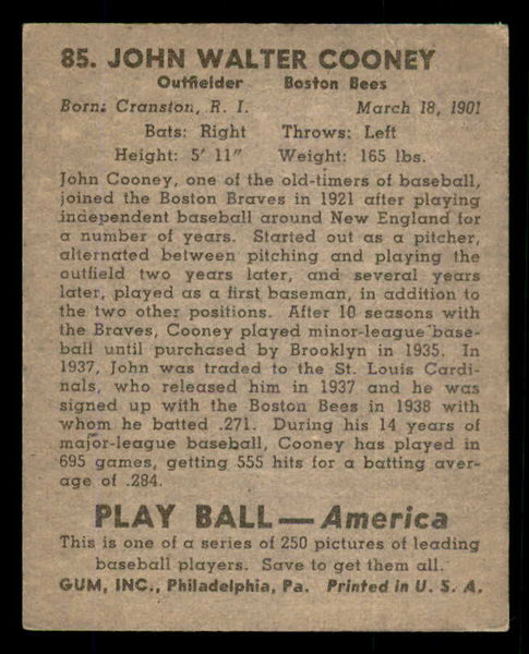 1939 Play Ball #085 Johnny Cooney Braves VG 558289