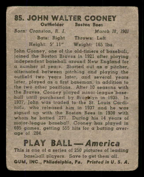 1939 Play Ball #085 Johnny Cooney Braves FR-GD 558290