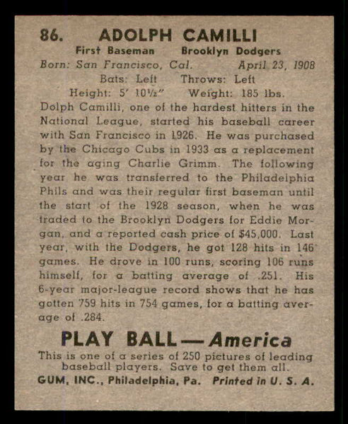 1939 Play Ball #086 Dolph Camilli Dodgers EX-MT 558291
