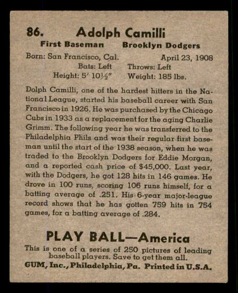 1939 Play Ball #086 Dolph Camilli Dodgers VG-EX/EX 558292