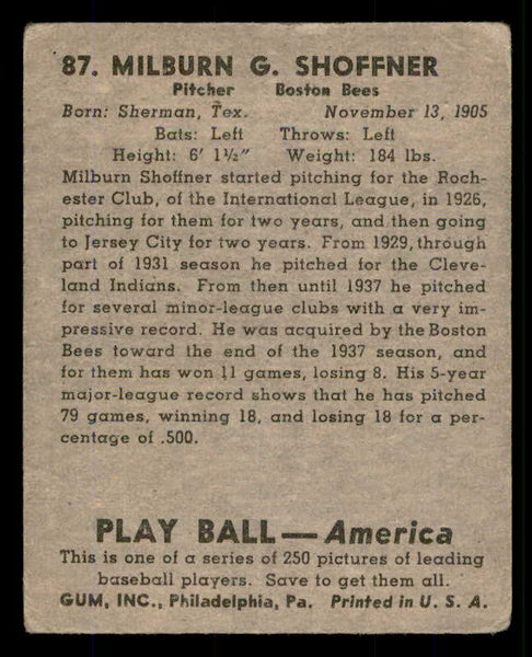 1939 Play Ball #087 Milburn Shoffner Braves Good 558294
