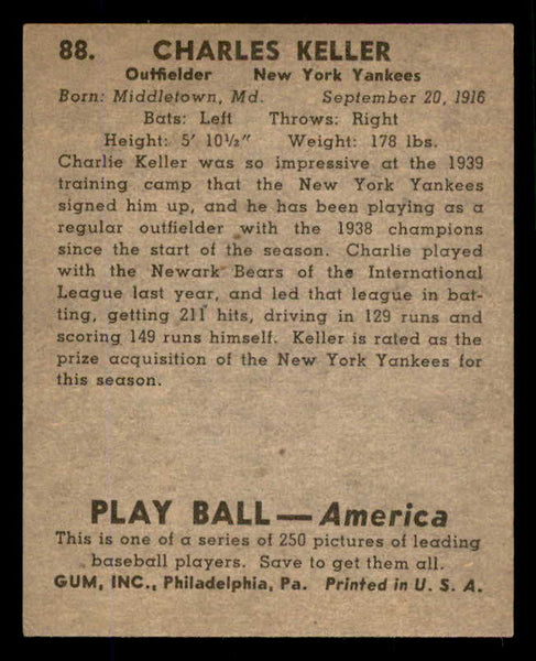 1939 Play Ball #088 Charlie Keller Yankees EX+ 558295