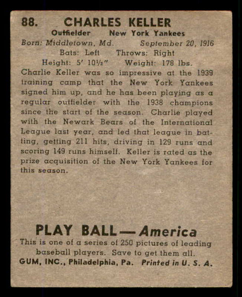1939 Play Ball #088 Charlie Keller Yankees VG-EX/EX 558296