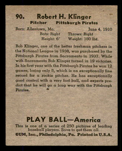 1939 Play Ball #090 Bob Klinger Pirates EX 558297