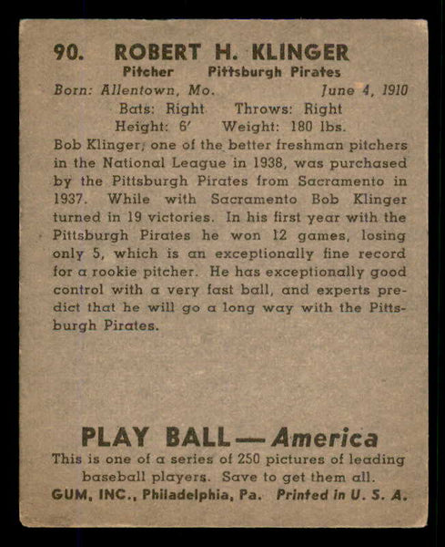 1939 Play Ball #090 Bob Klinger Pirates VG-EX 558298