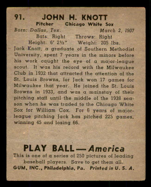 1939 Play Ball #091 Jack Knott White Sox VG-EX 558301