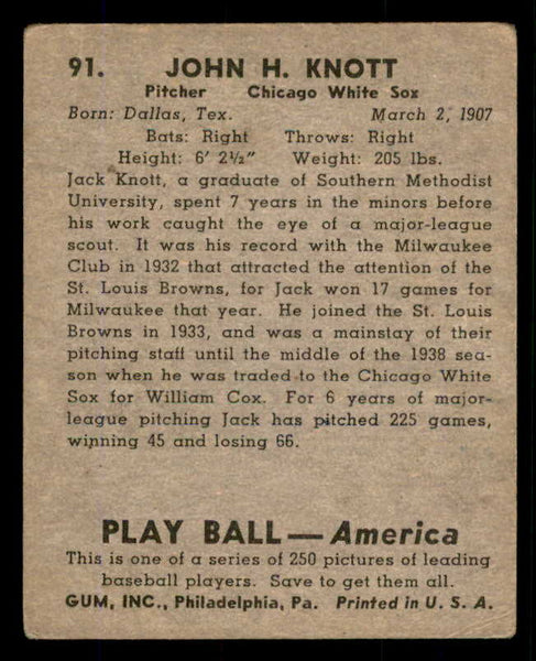 1939 Play Ball #091 Jack Knott White Sox VG 558302