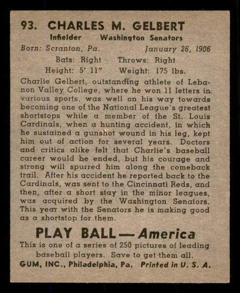 1939 Play Ball #093 Charlie Gelbert Senators NR-MT 558303