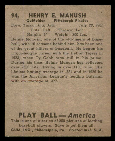 1939 Play Ball #094 Heinie Manush Pirates EX+ 558304